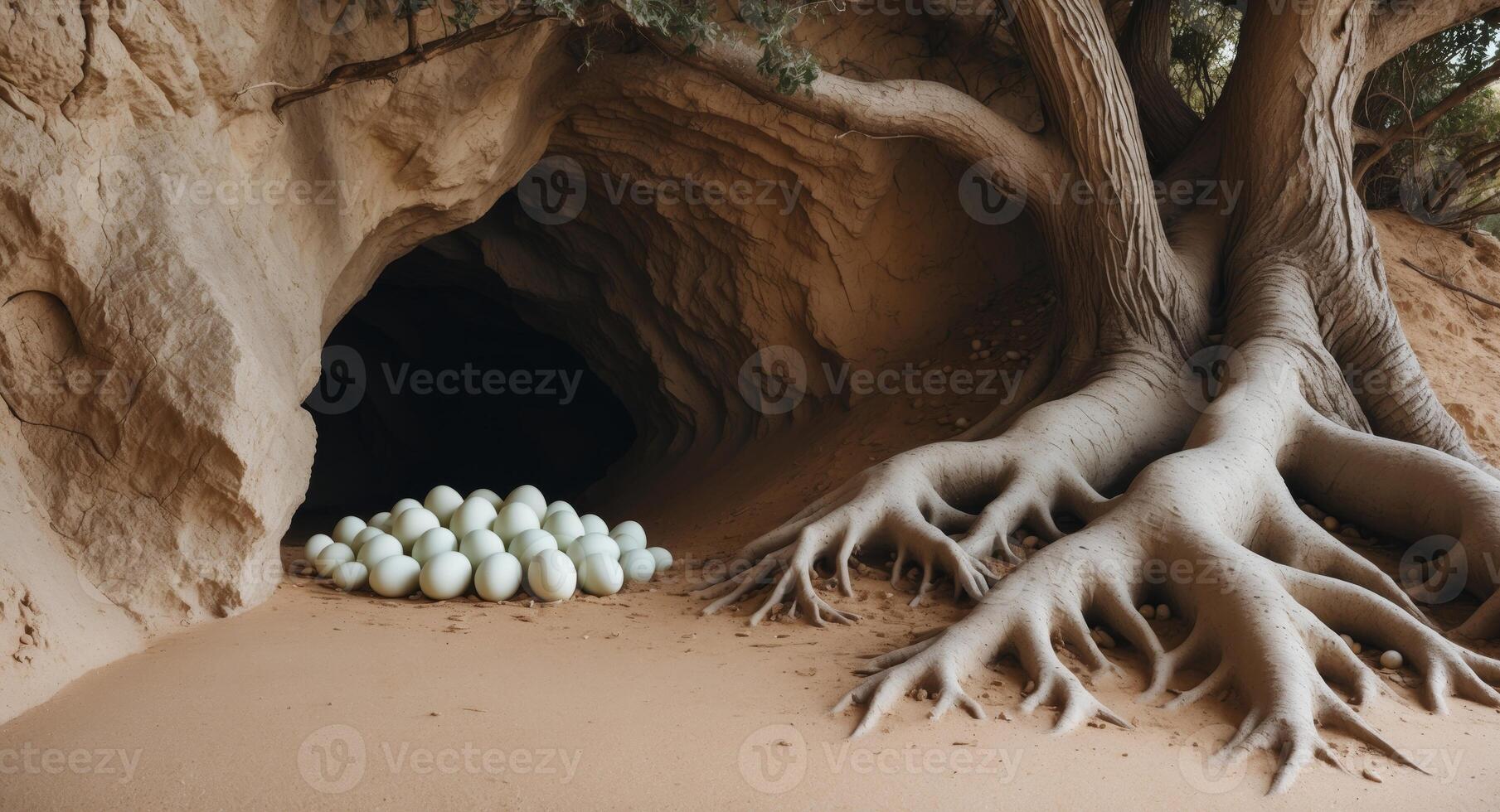 Eggs in nest next to cave and tree on sandy ground. photo