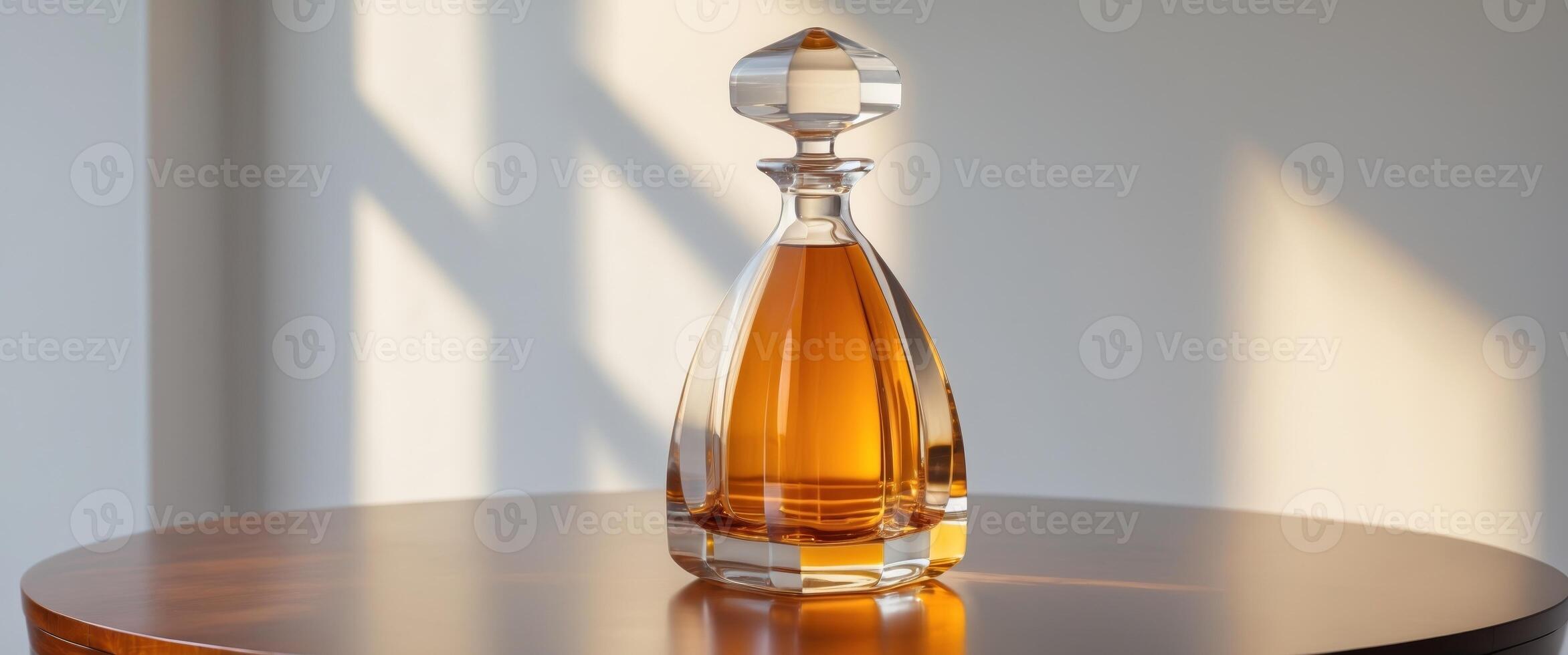 Crystal decanter holding amber liquid shining on table. photo
