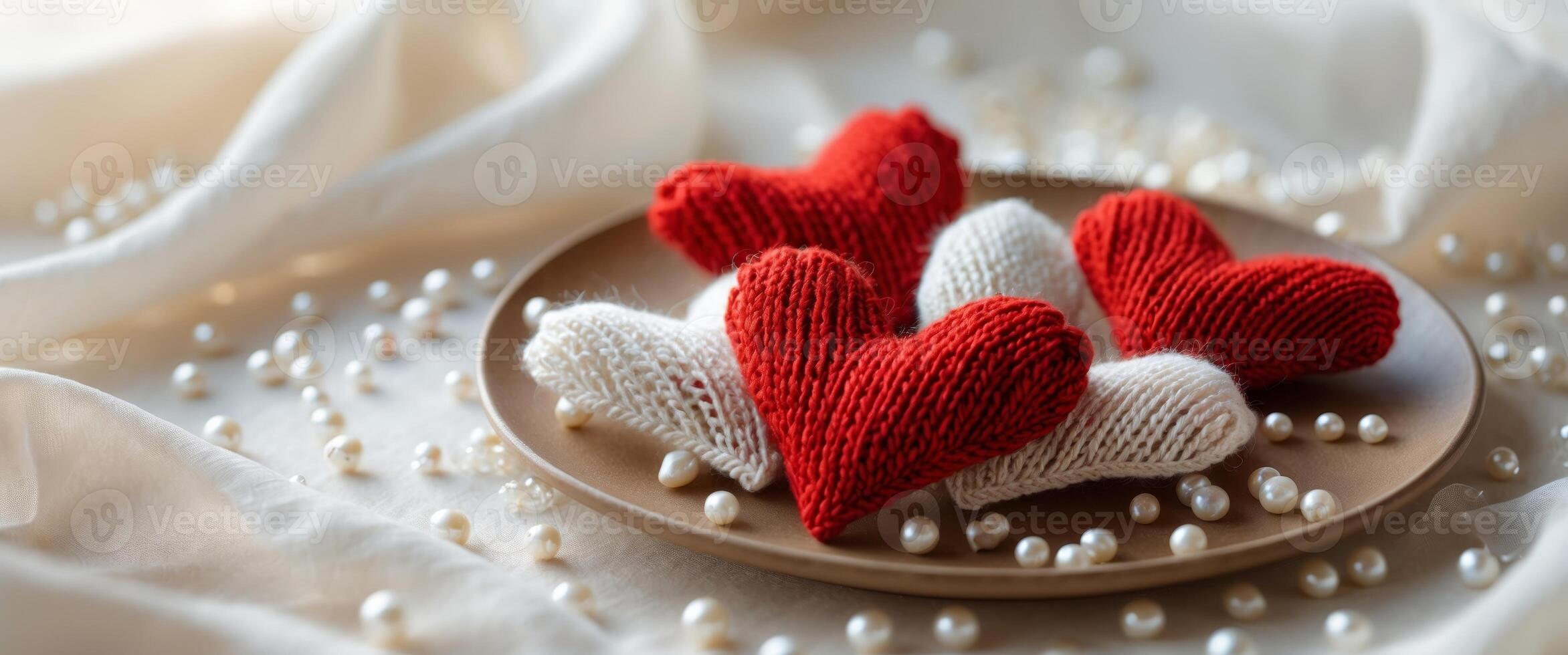 Decorative knitted hearts in red and white arranged on a cozy plate with pearls and soft background photo