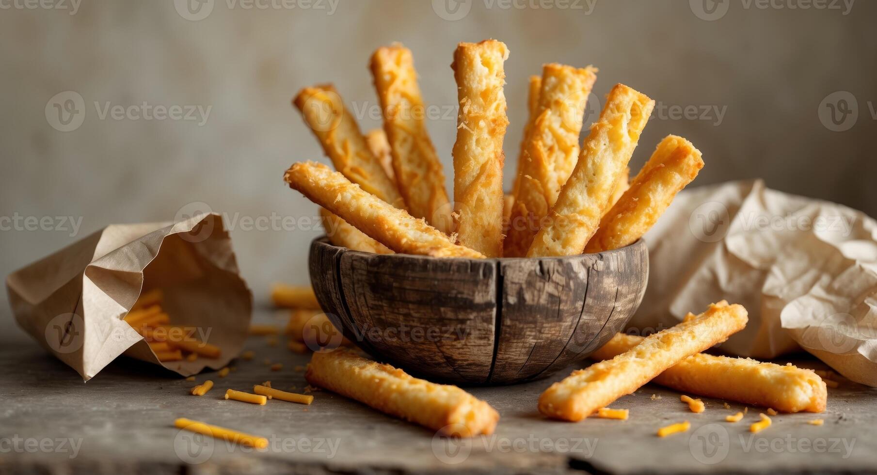 Crispy Cheese Sticks in Rustic Wooden Bowl and Paper Cup - Delicious Snack Food photo