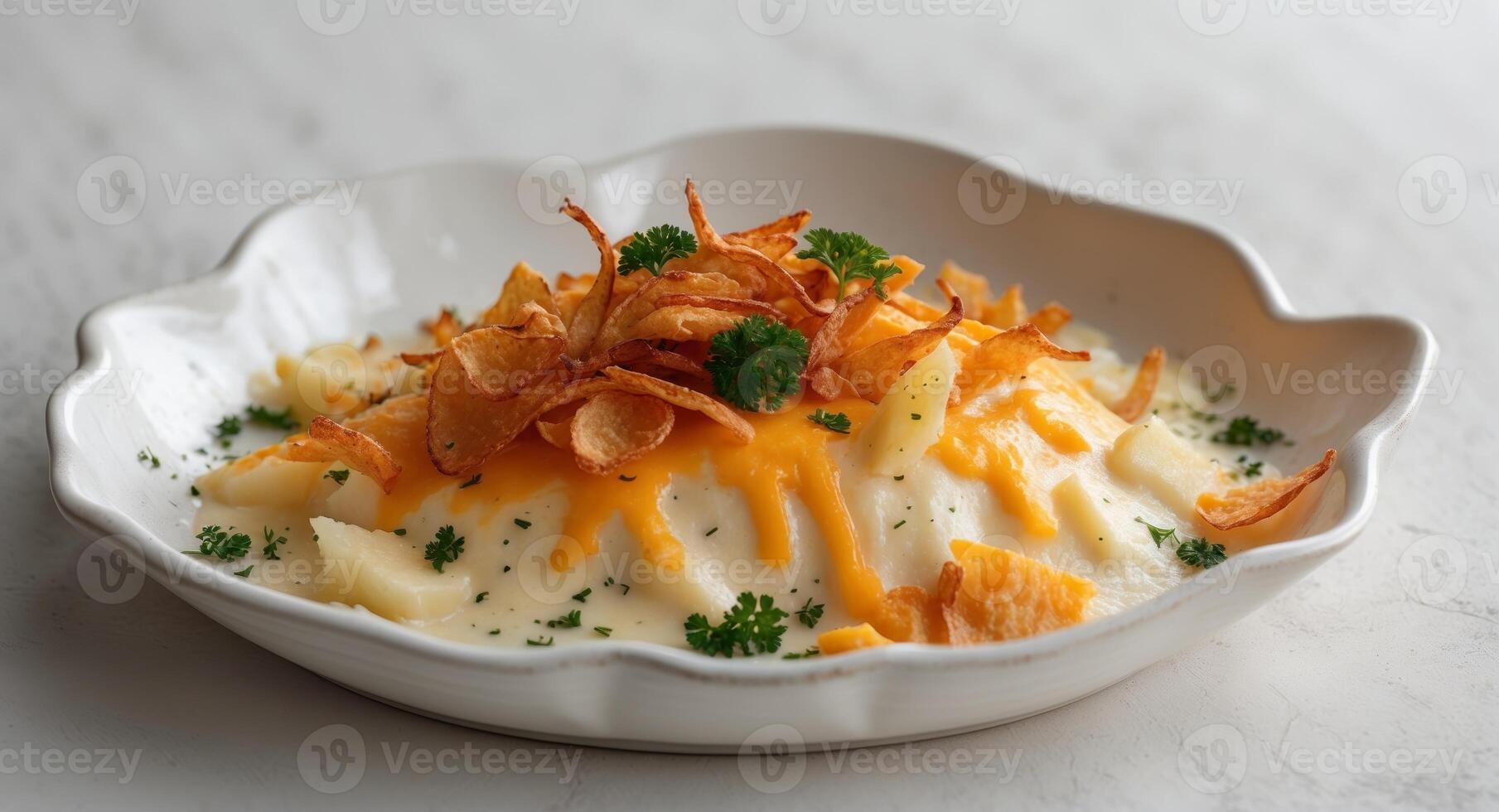 Creamy Baked Dish with Golden Cheese and Crispy Potatoes on White Plate. photo