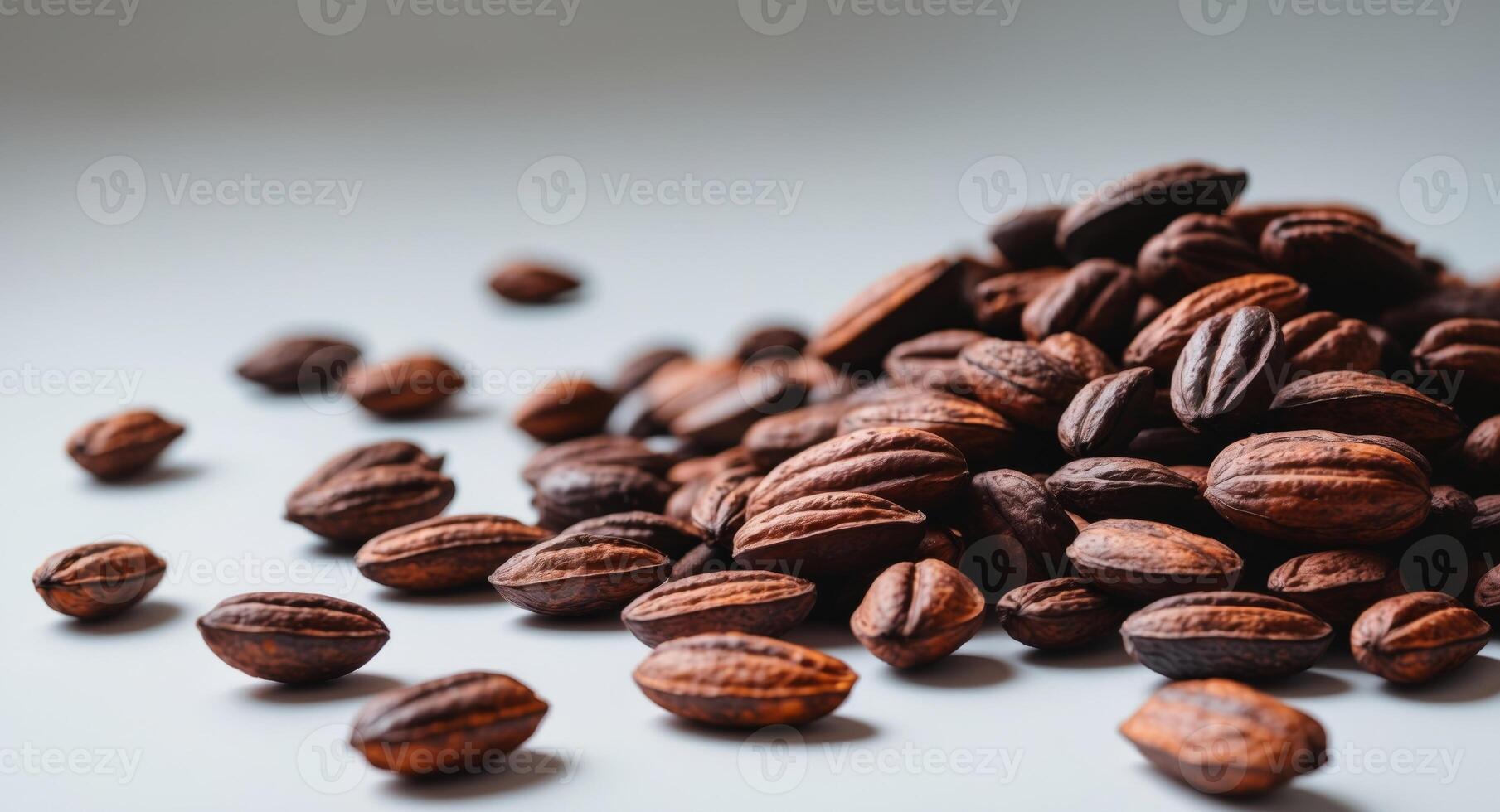 Cocoa beans scattered on a white surface showcasing their rich brown color and unique oval shapes photo