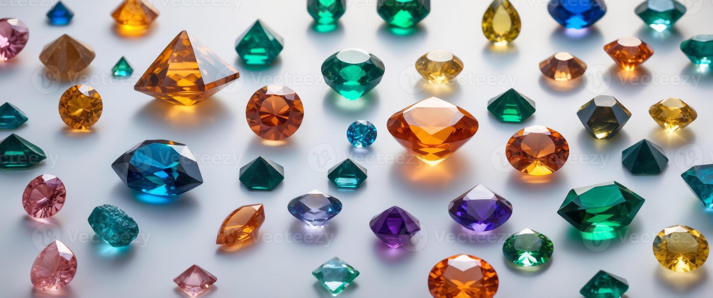 Colorful display of assorted gemstones on a neutral background showcasing their unique shapes and hues. photo