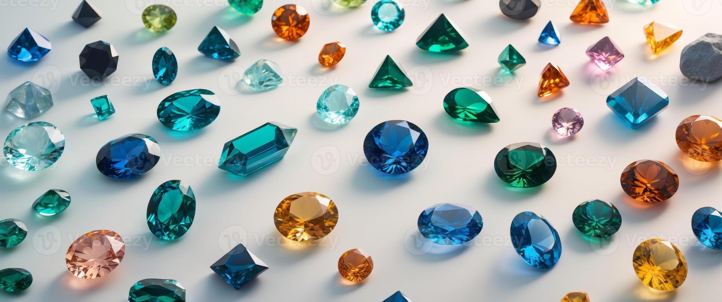 Colorful display of assorted gemstones on a neutral background showcasing their unique shapes and hues photo