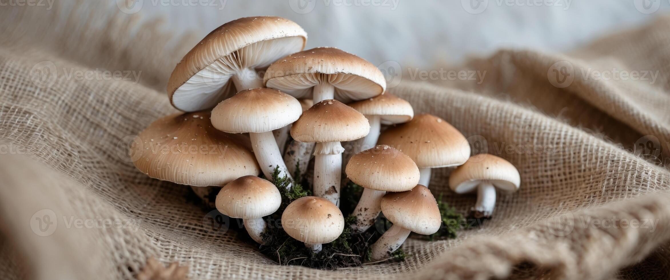 Cluster of wild mushrooms resting on burlap fabric. photo