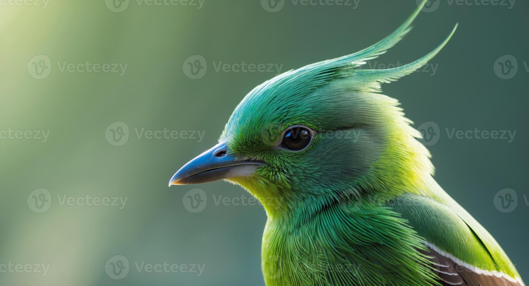 Close up of a green bird looking down at the camera with a natural green background. photo