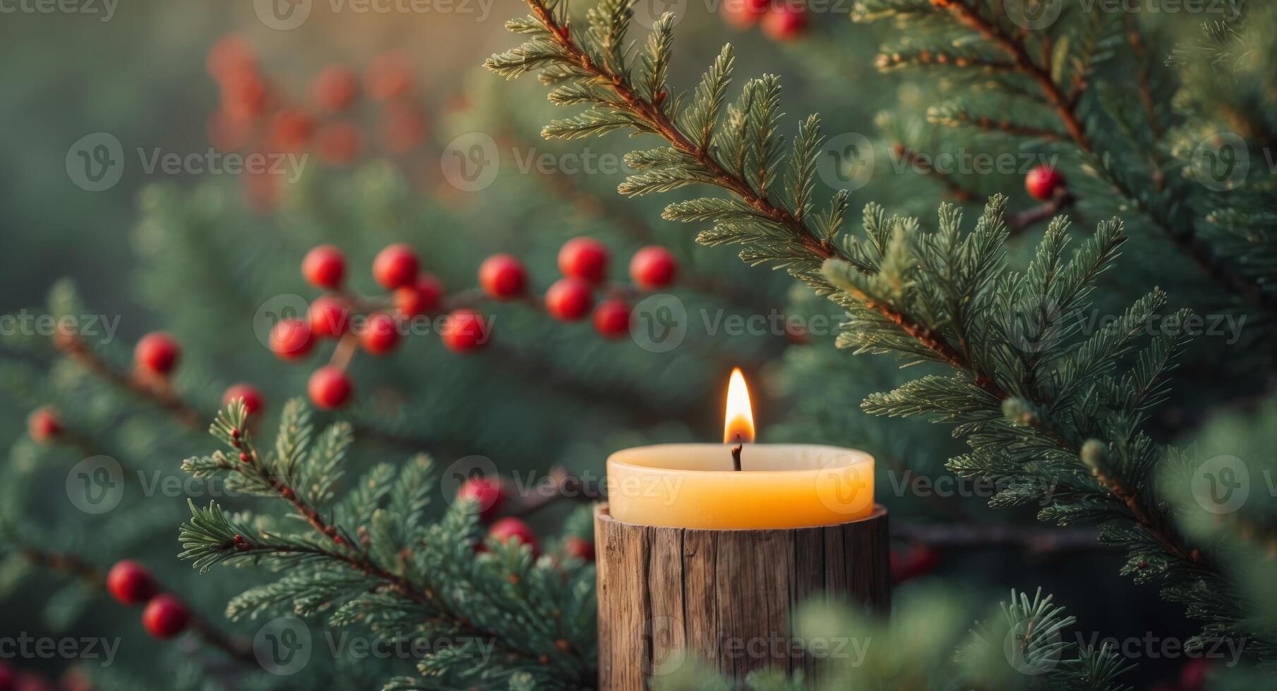 Close up of a candle in a spruce tree with berries. photo