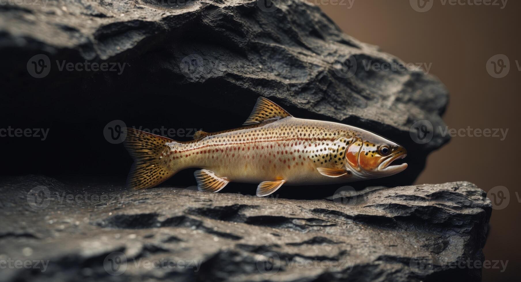 Brown Trout on a Dark Rock Surface Displaying its Golden and Brown Hues photo
