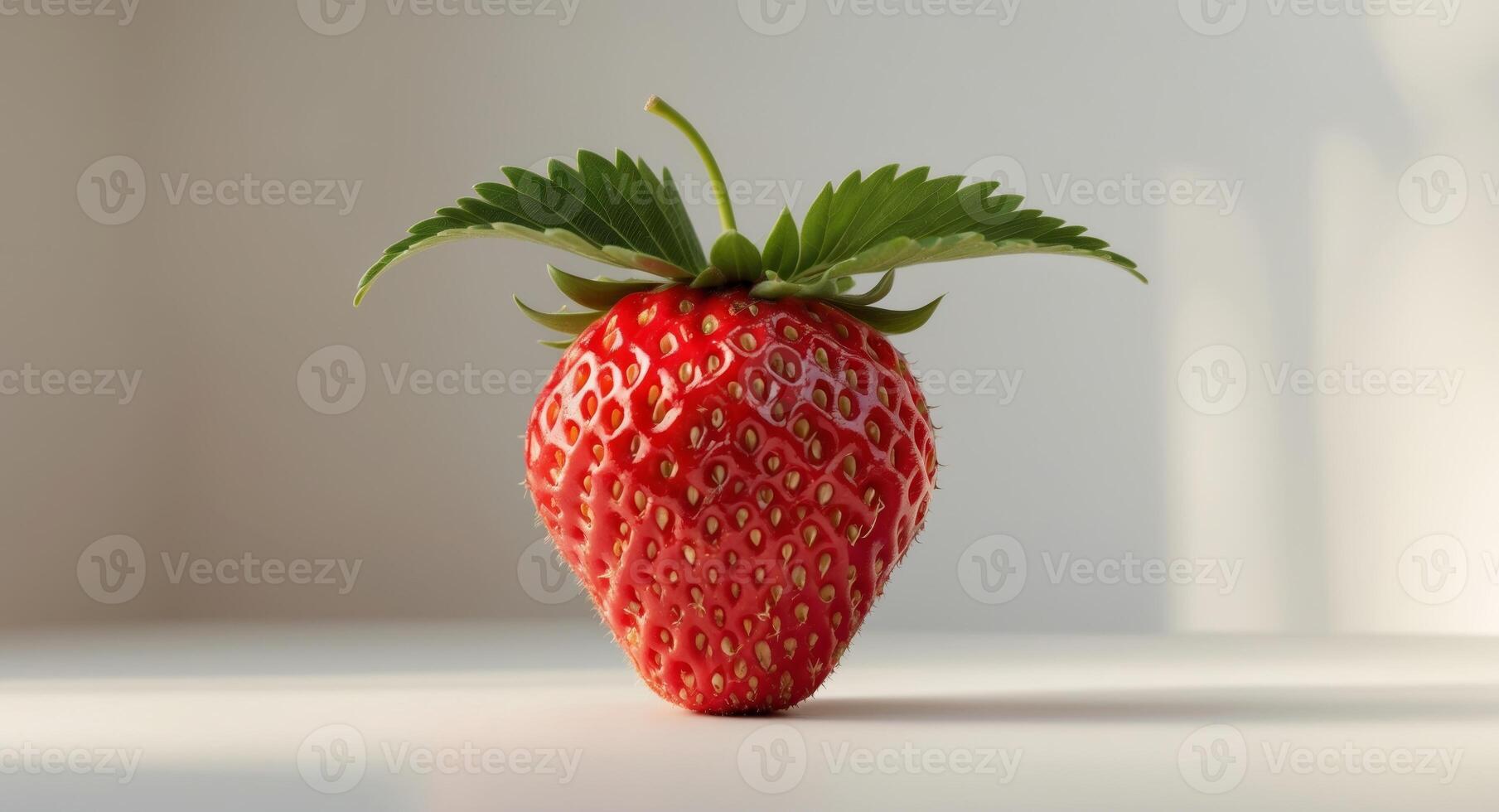 A red strawberry with a green leaf on top. photo