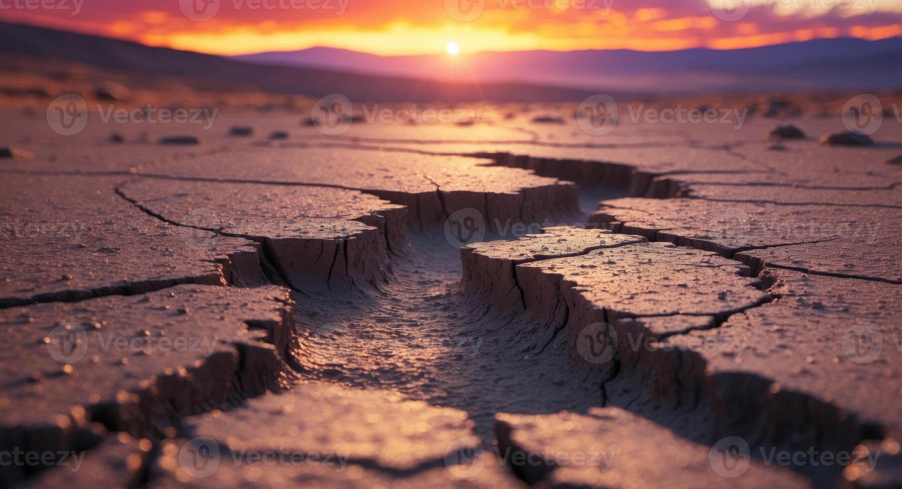 A large crack in the ground with a sunset in the background. photo