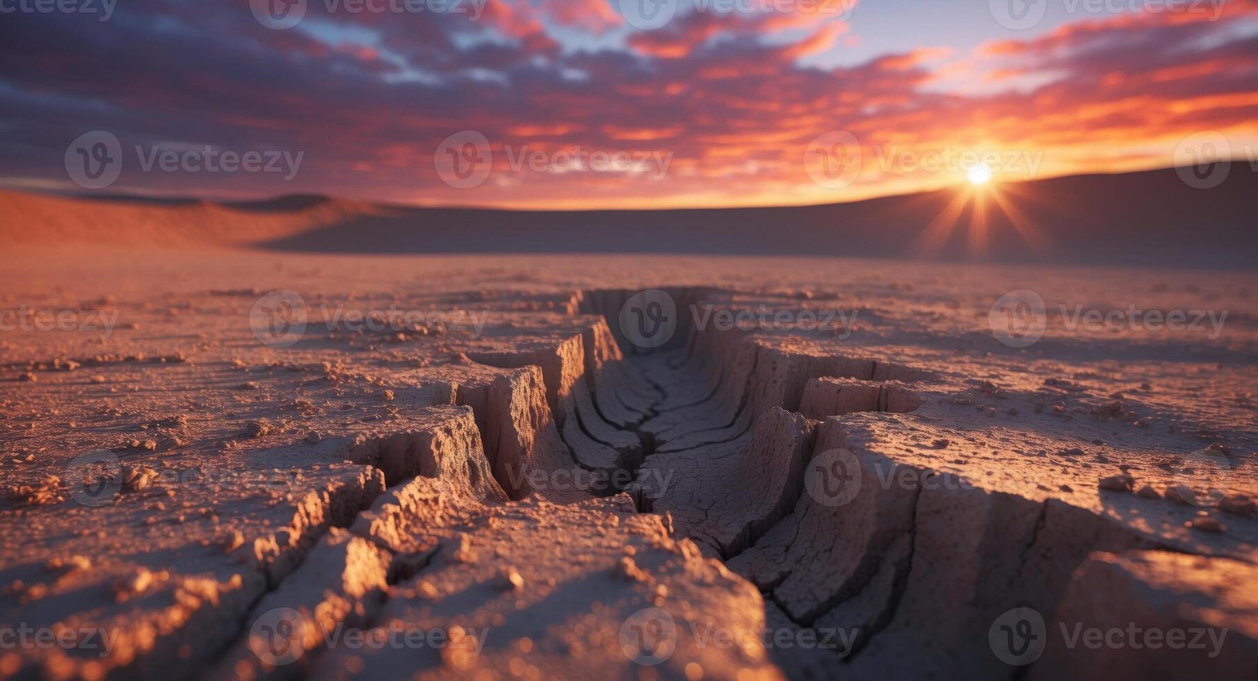 A large crack in the ground with a sunset in the background photo