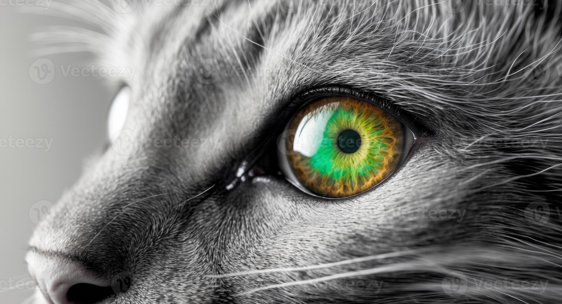 A close up view of a cat's eye with bright green pupil and whiskers photo