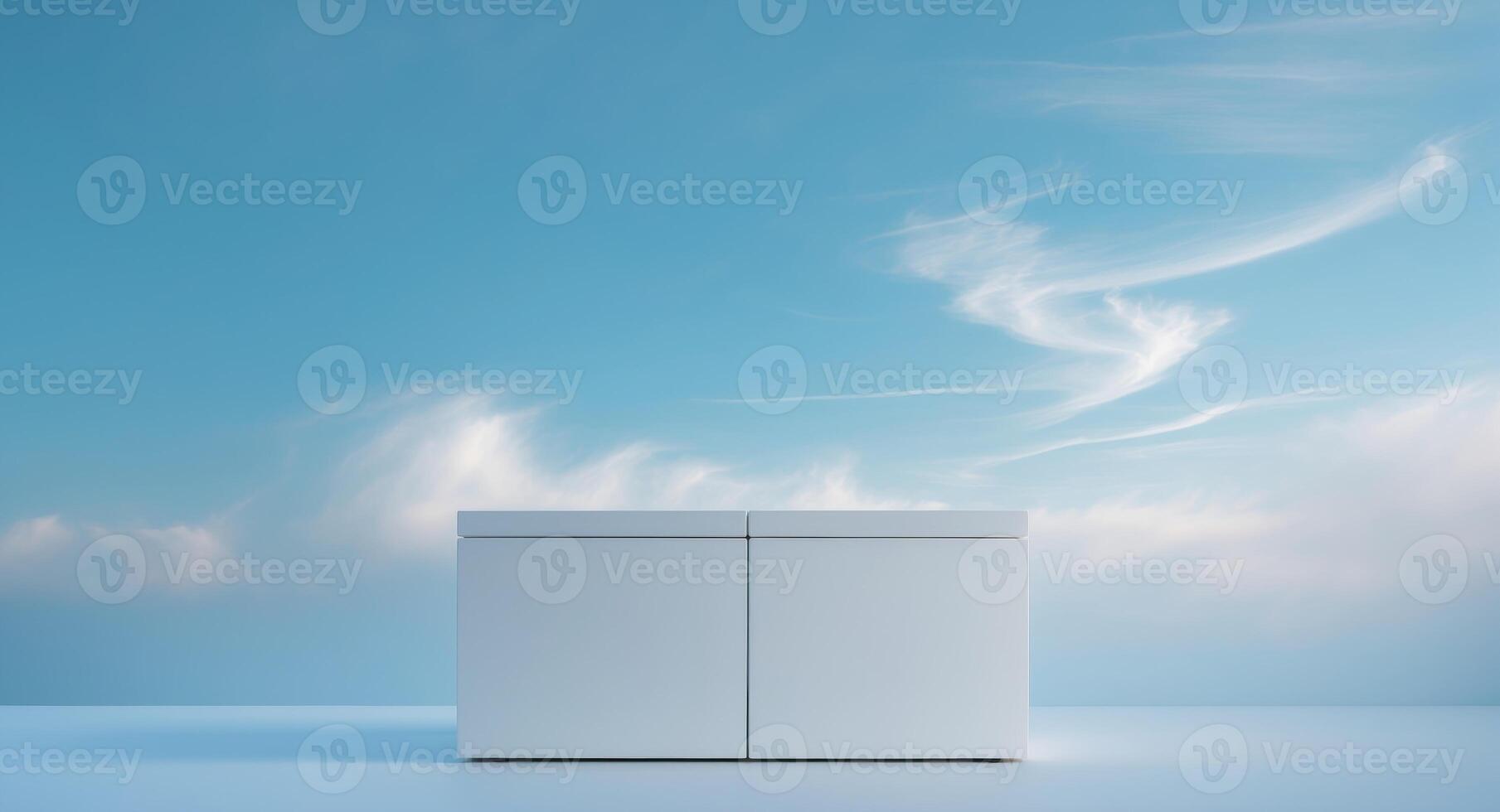 A blue background with white clouds and a white object in the foreground. photo