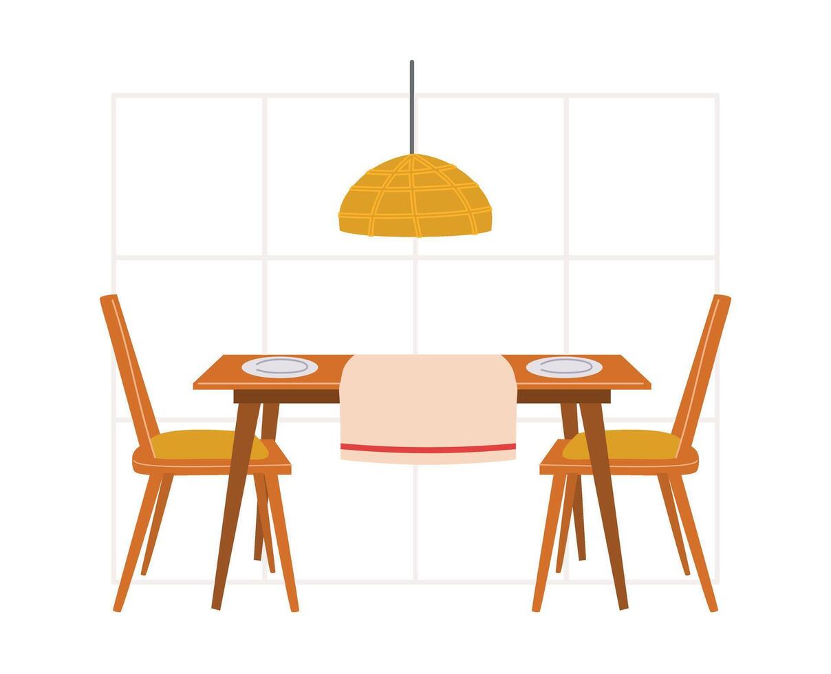 Wooden dining table and chairs. The dining room. vector