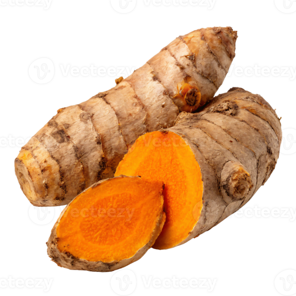 A fresh turmeric root with a bright orange interior and a rough, brown skin. T png