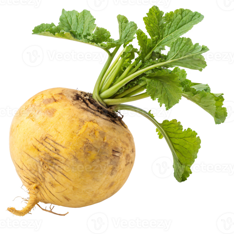 A large, yellow rutabaga with a rough, earthy skin and fresh green leaves. png