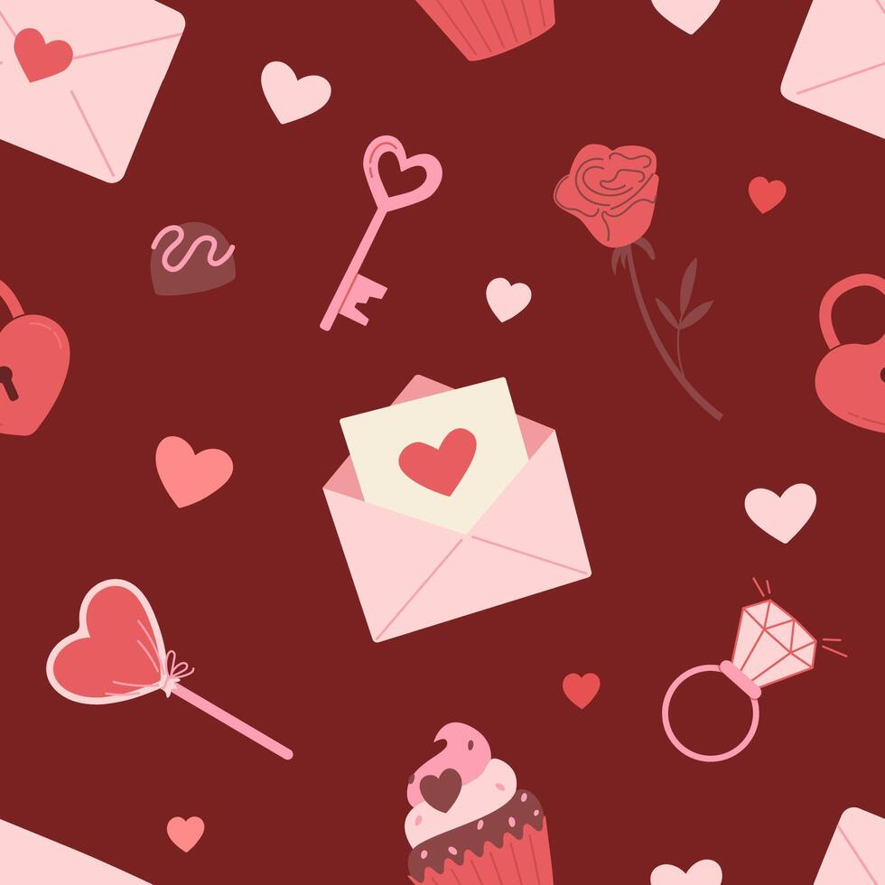 Romantic seamless pattern with letters, sweets, key and heart shapes. Valentine's day illustration. vector