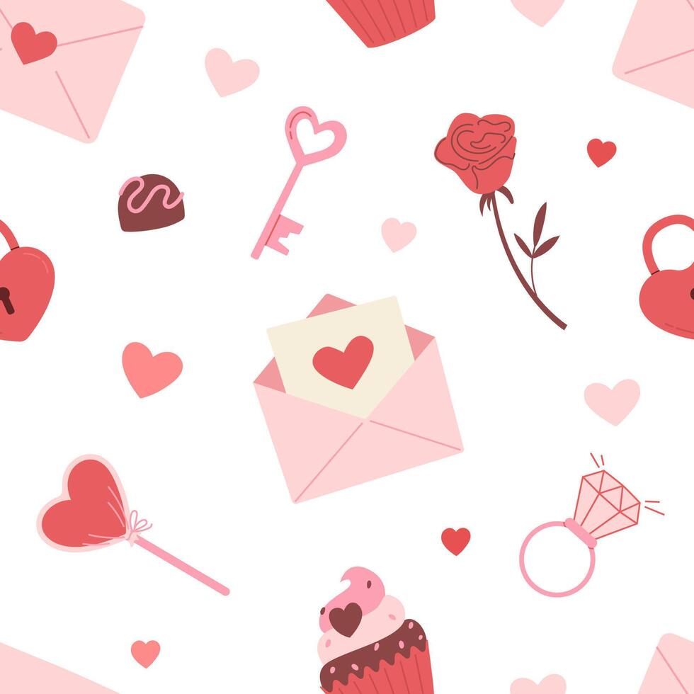 Romantic seamless pattern with letters, sweets, key and heart shapes on white background. Valentine's day illustration. vector