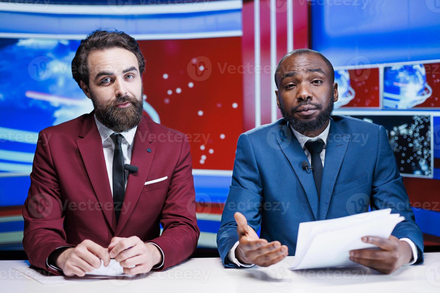 Morning show presenters on tv channel, presenting latest information about international events. Broadcasters team reporting live newscast with all important topics, television network. photo