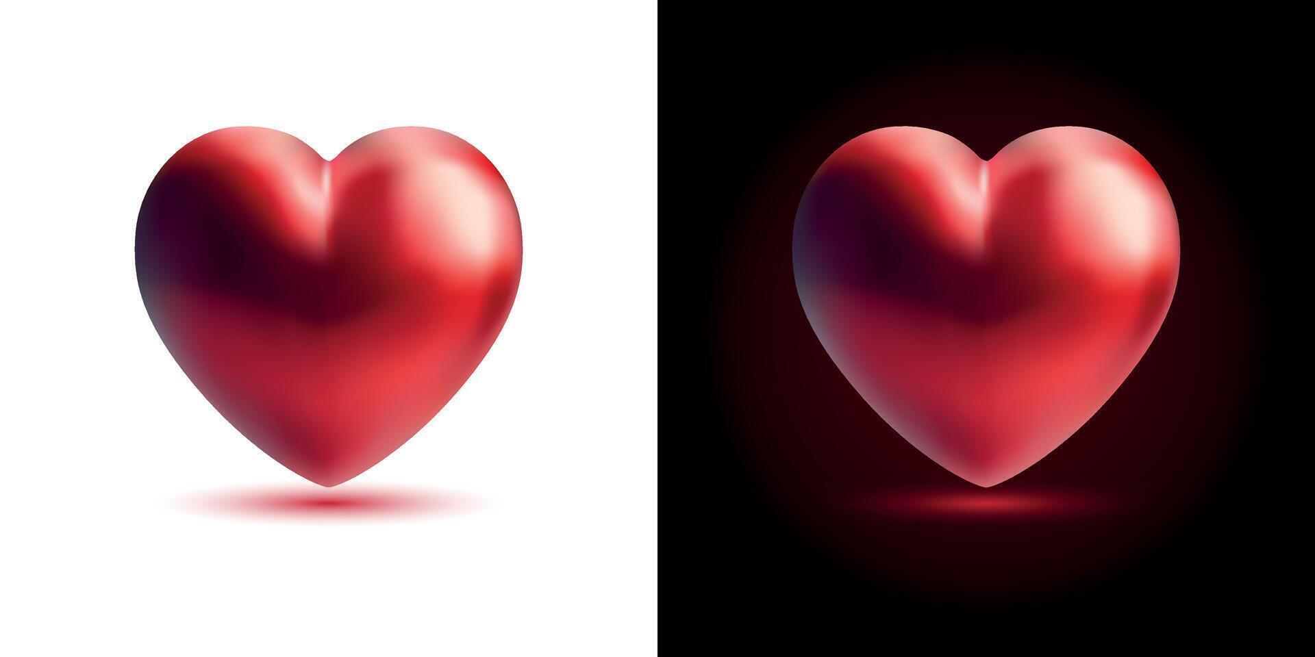 Glossy hearts in maroon, red colors isolated on white and dark background. Mesh gradient icon. Love romantic design. Template for holiday cards, Valentine's day, happy wedding. vector