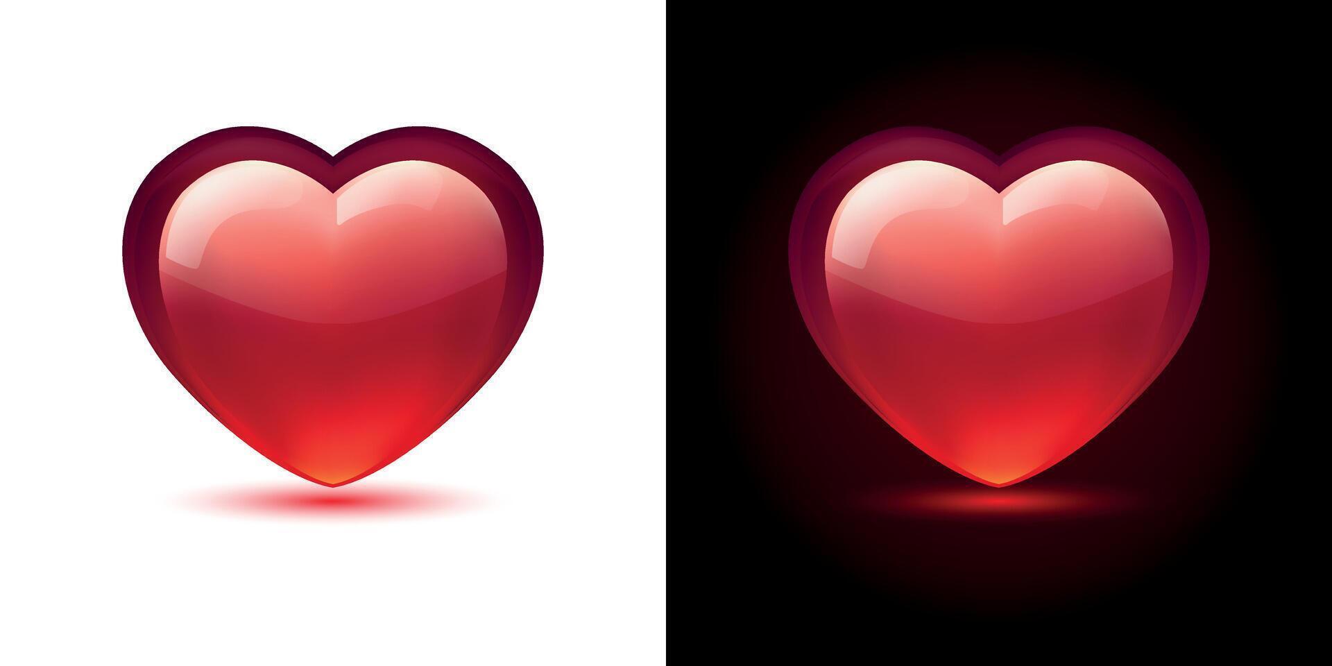Glossy hearts in carmine, red colors isolated on white and dark background. Mesh gradient icon. Love romantic design. Template for holiday cards, Valentine's day, happy wedding. vector