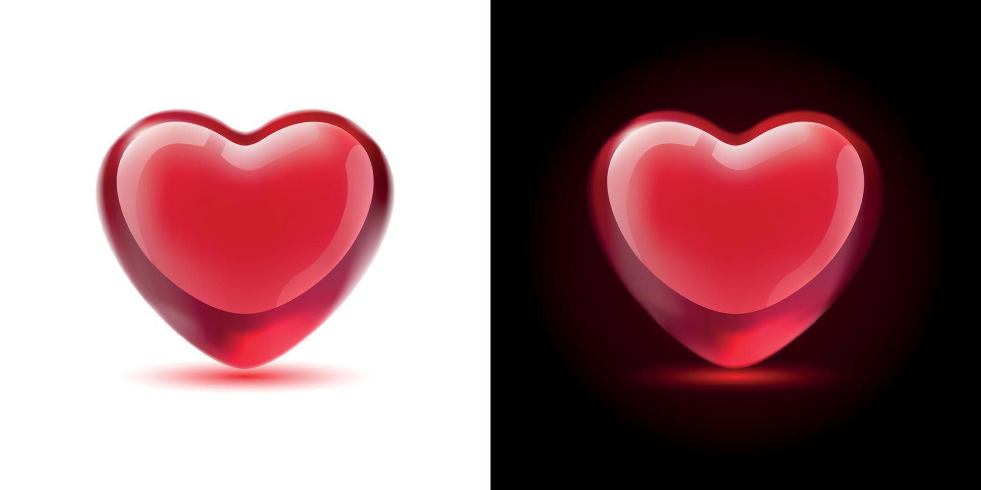 Glossy hearts in red, carmine colors isolated on white and dark background. Mesh gradient icon. Love romantic design. Template for holiday cards, Valentine's day, happy wedding. vector