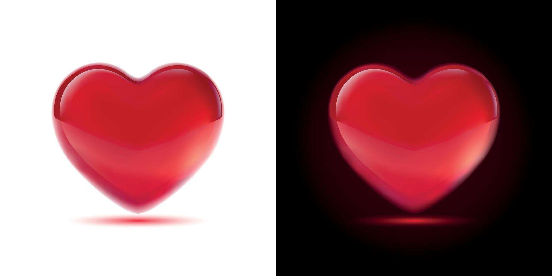 Glossy hearts in red, crimson colors isolated on white and dark background. Mesh gradient icon. Love romantic design. Template for holiday cards, Valentine's day, happy wedding. vector