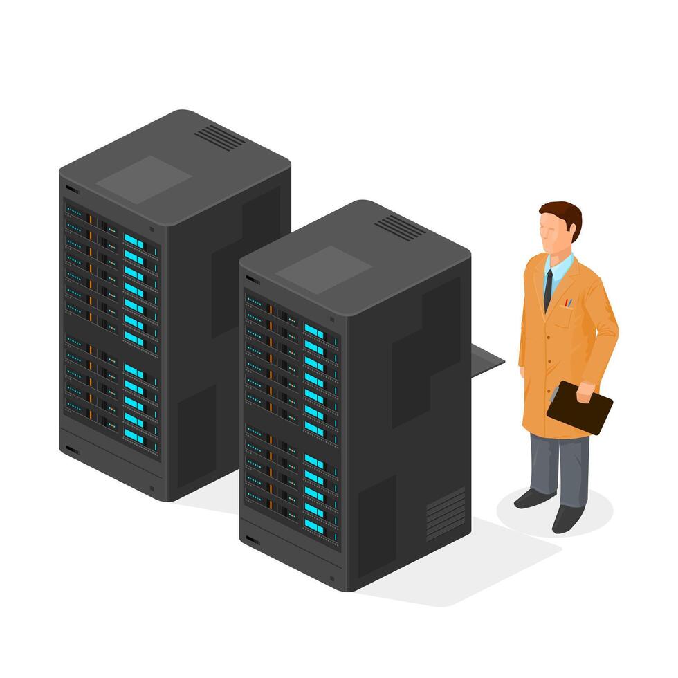 Isometric Computer engineer repairing Testing maintaining rack server - icon illustration vector
