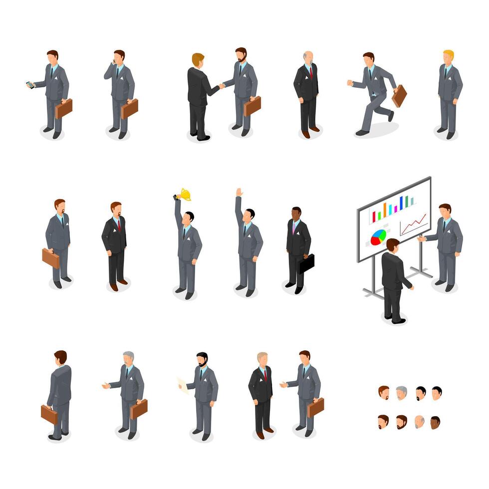Isometric Businessmen Concept in Various Poses - Illustration Icon Set Collection vector