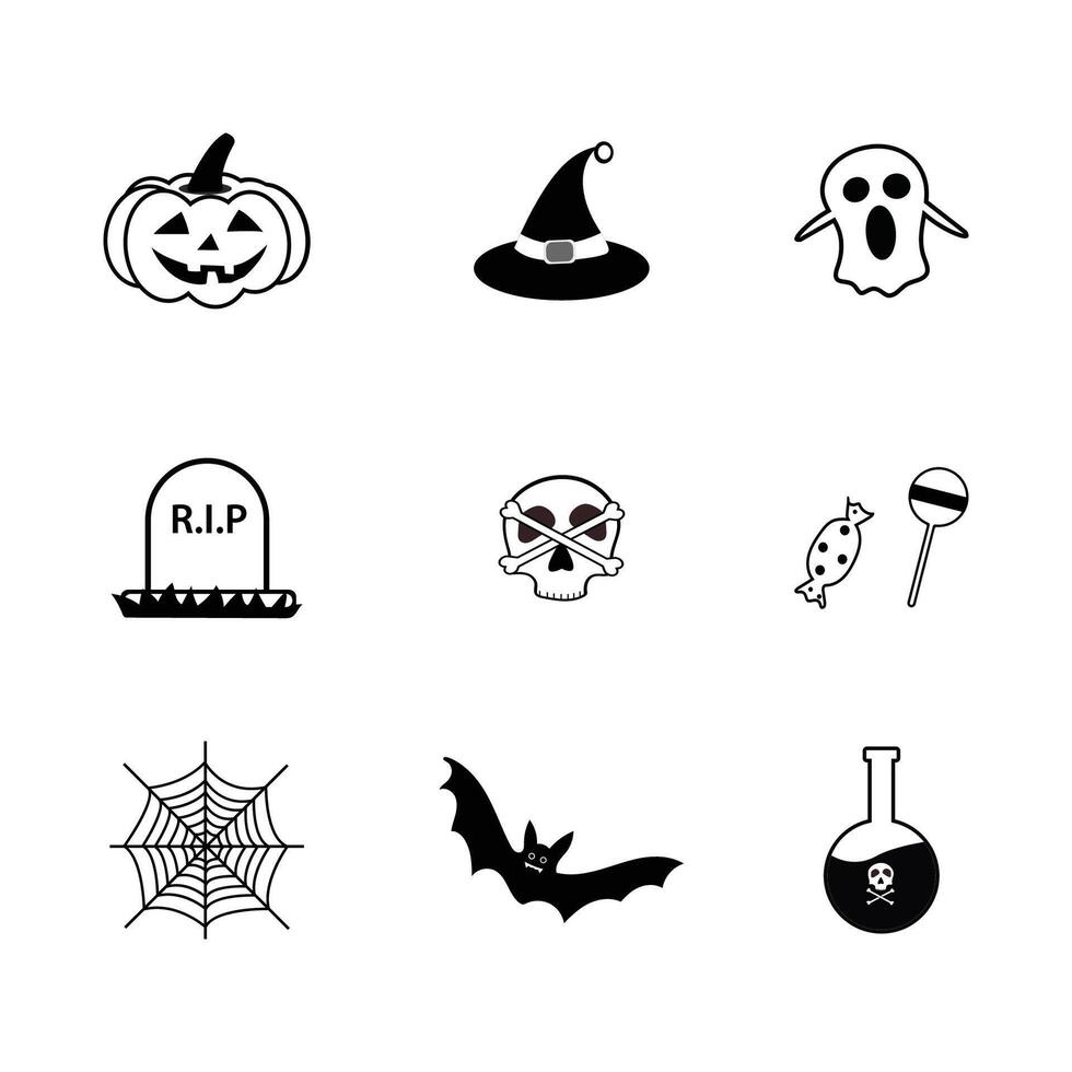 Collection of black and white Halloween Icons set vector