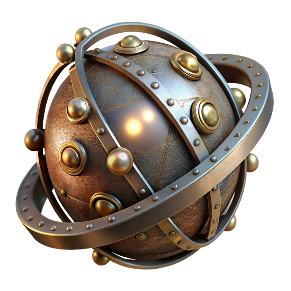 Ornate Metal Sphere with Rotating Ring 3D Render of Steampunk Orb png