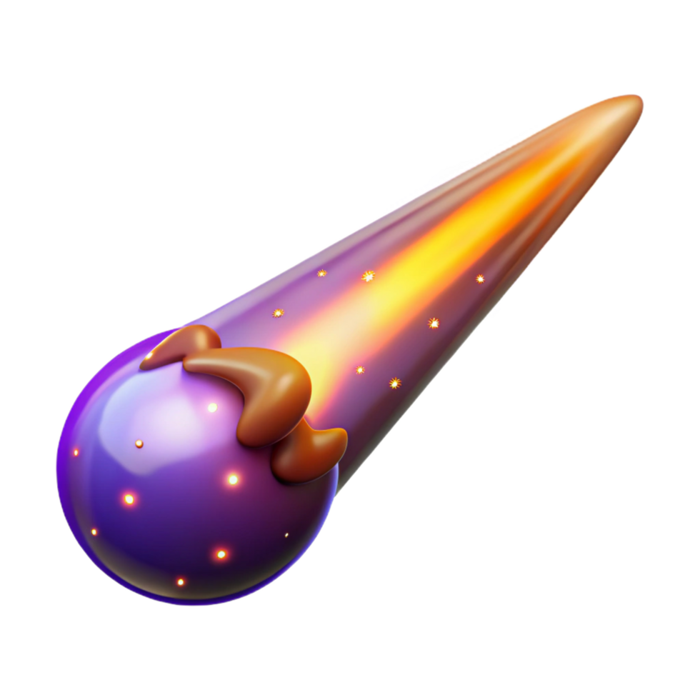 Celestial Comet 3D Render of a Purple and Orange Comet with Glowing Trail png