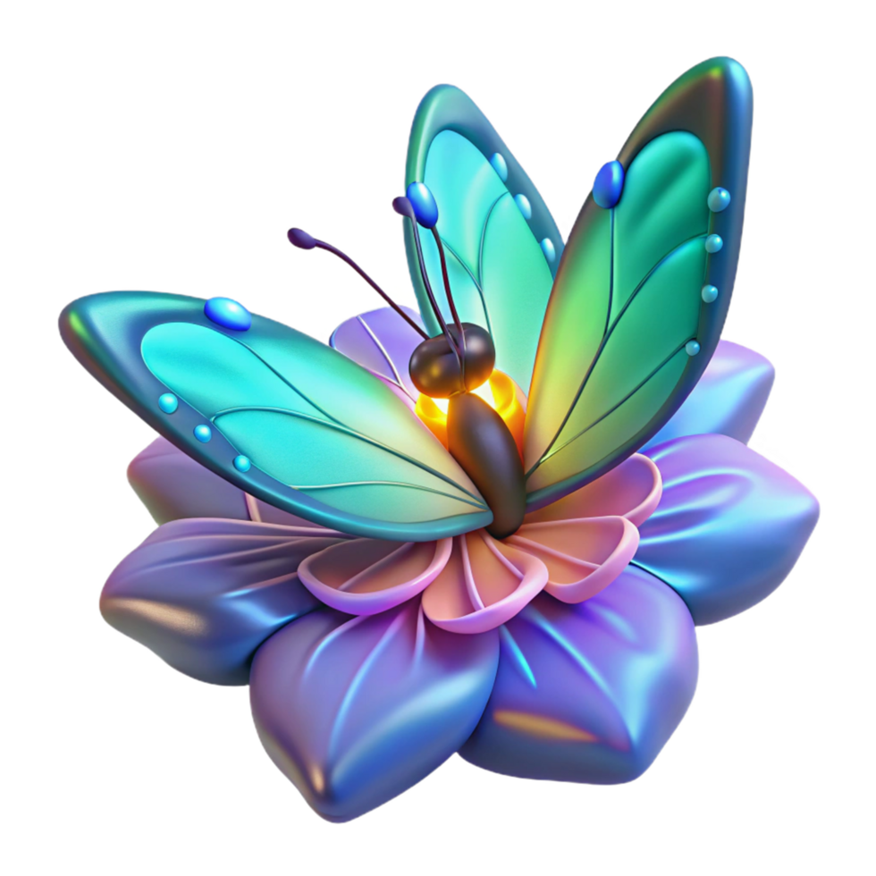 Iridescent Butterfly on a Luminescent Flower 3D Render png