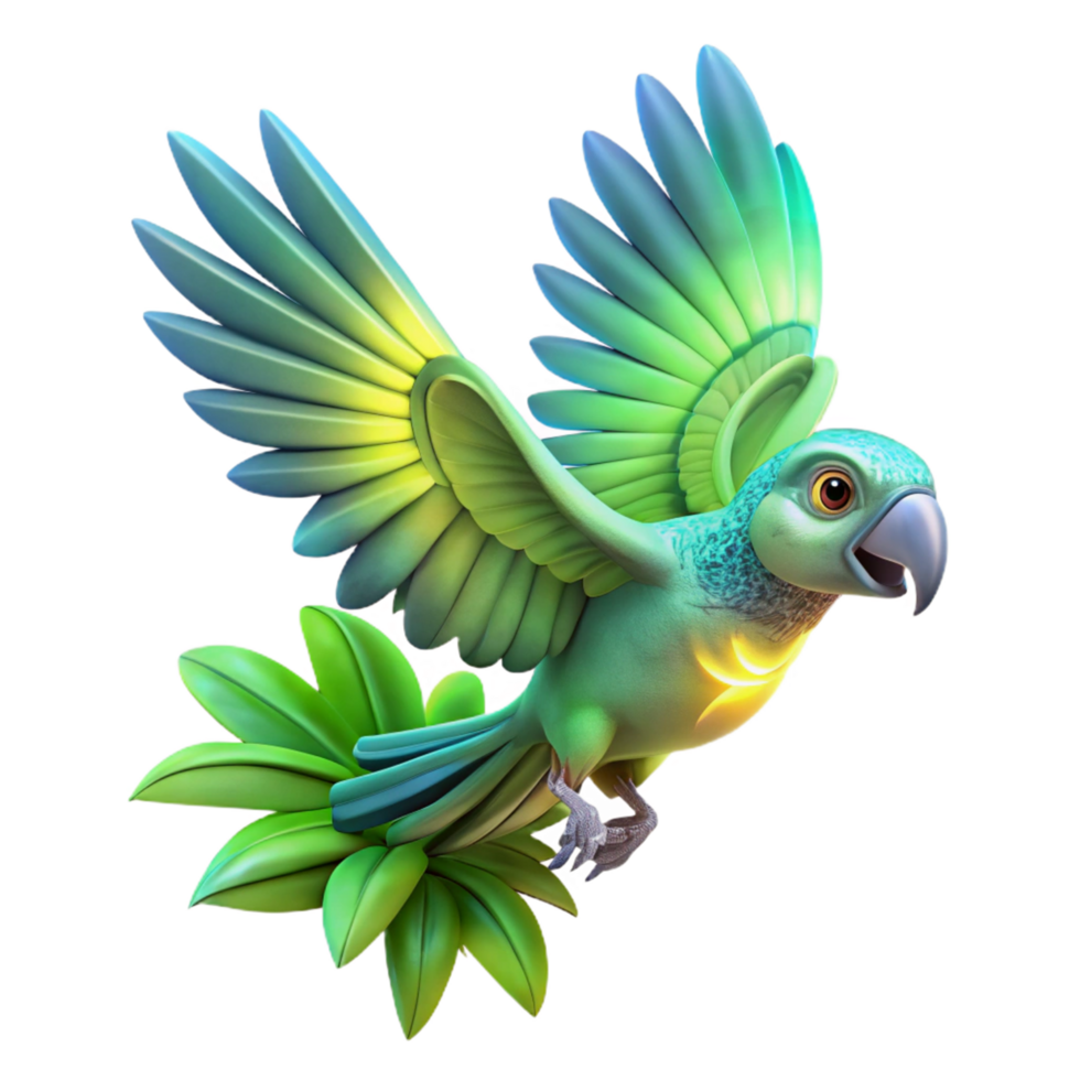 Vibrant Green Parrot in Flight Tropical Bird, 3D Render, Lush Foliage png