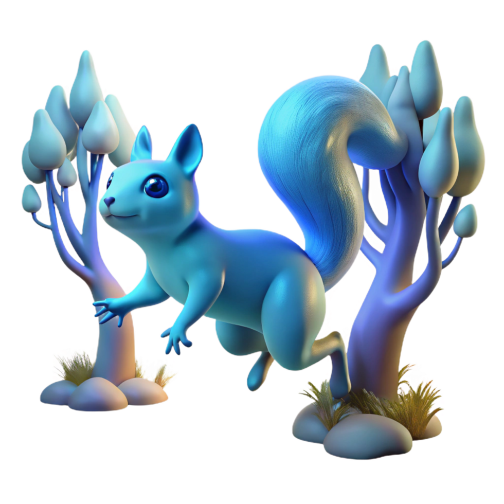 3D Render of a Blue Squirrel Leaping Between Fantasy Trees png