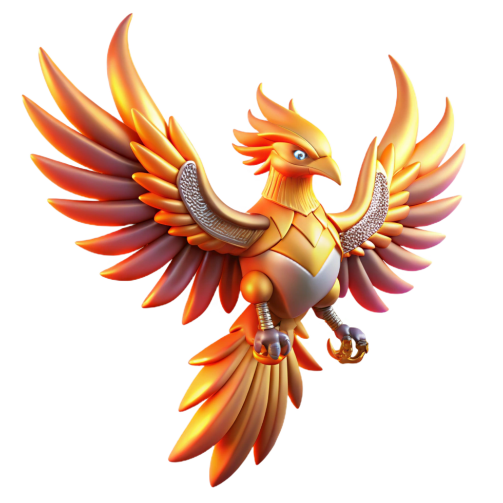 Golden Phoenix 3D Render of Mythical Bird with Metallic Wings png