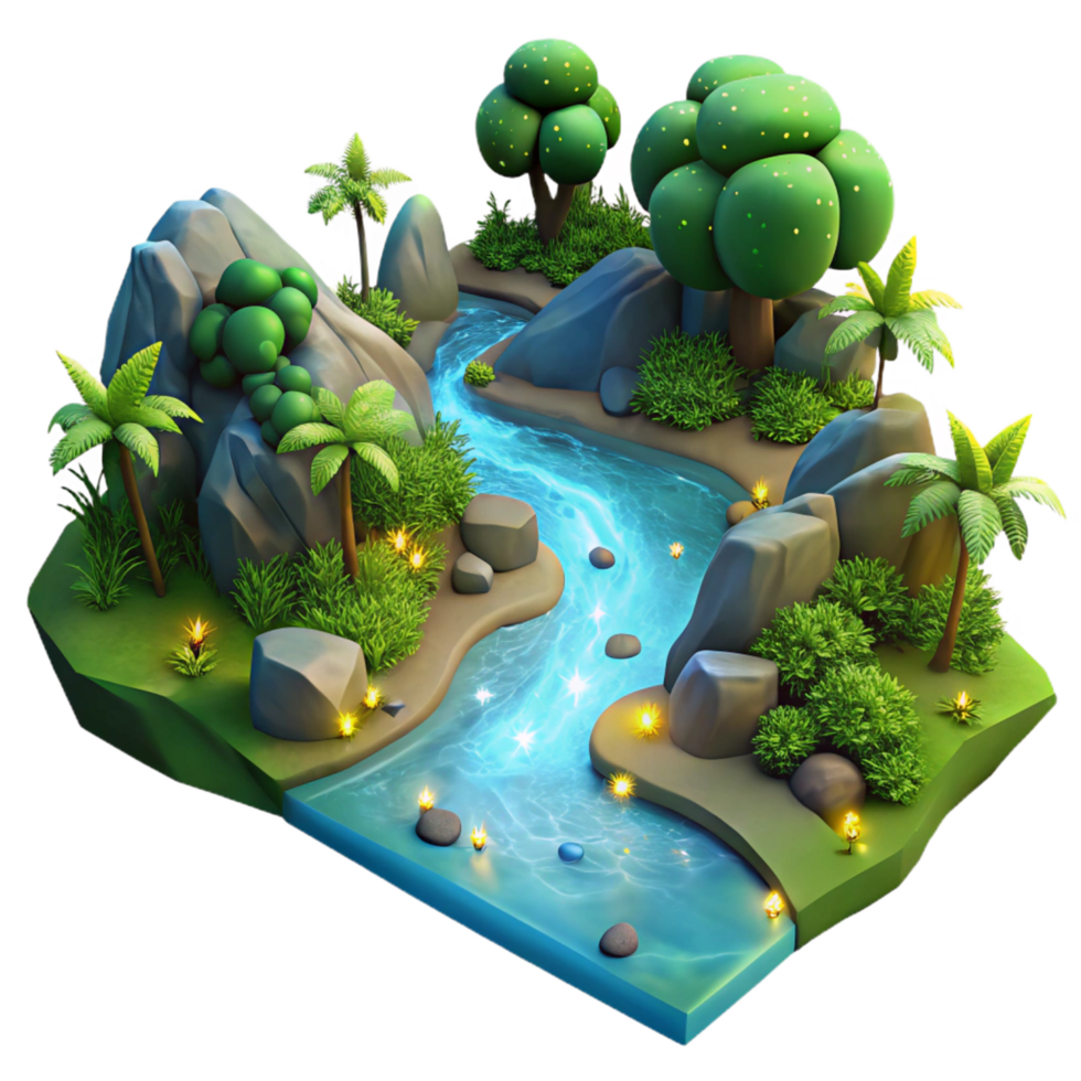 Luminous River in a Tropical Landscape 3D Render of Island Paradise png