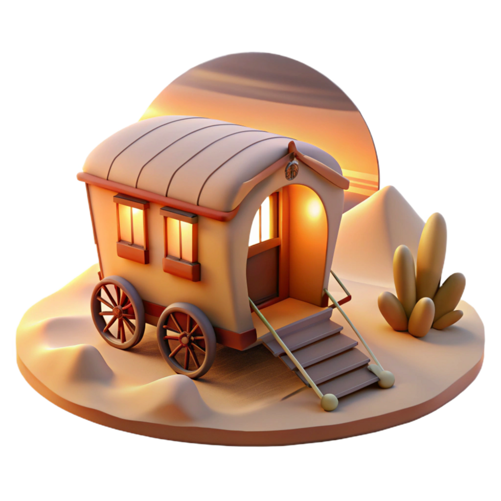 Sunset Desert Caravan 3D Render of a Cozy Wagon png