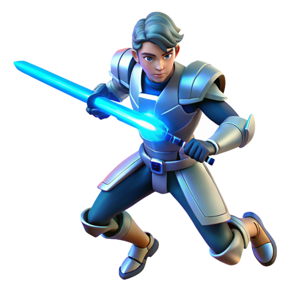 Youthful Knight in Metallic Armor wielding Glowing Lightsaber png