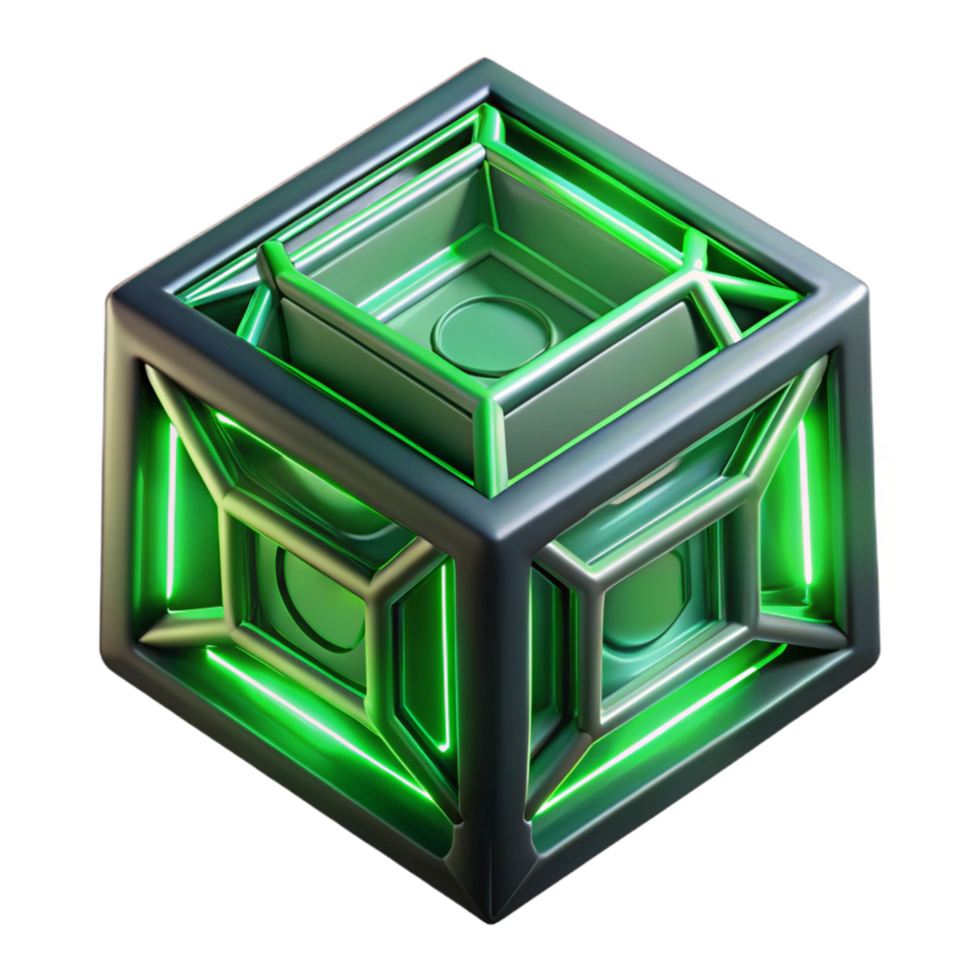 Luminous Green Geometric Cube 3D Render of Abstract Structure png