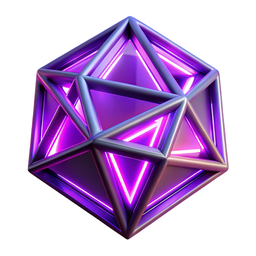 Illuminated Geometric Structure Abstract 3D Render of a Purple Neon Icosahedron png