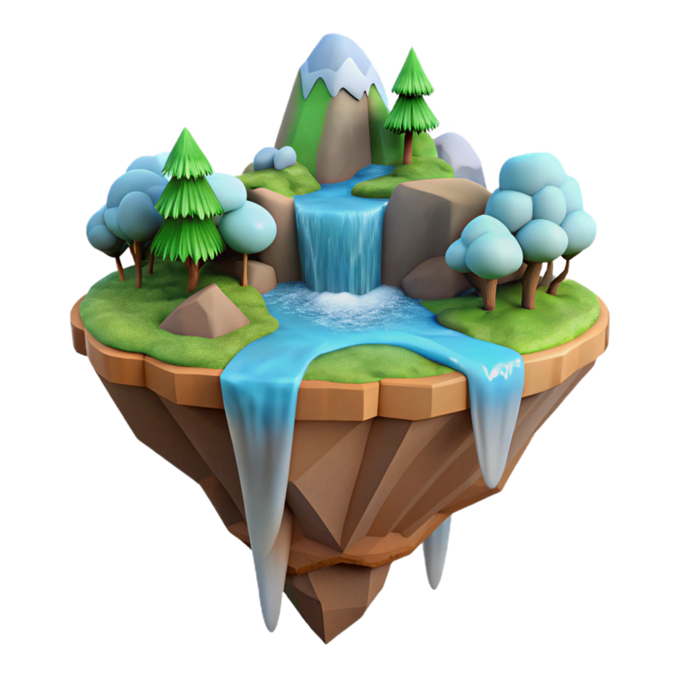 Enchanted Floating Island 3D Render of Fantasy Landscape with Waterfall png