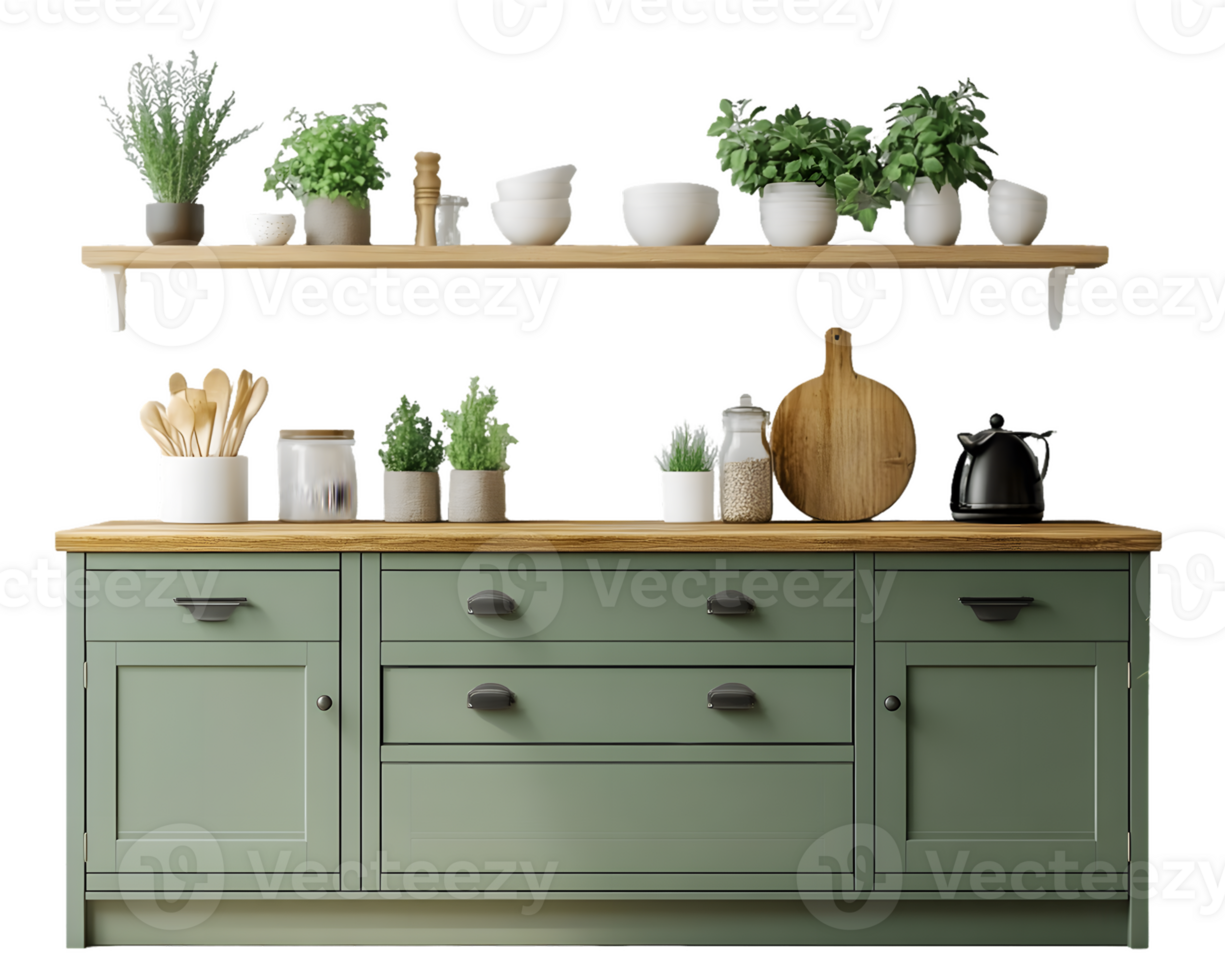 Contemporary Kitchen With Green Cabinets And Wooden Countertop Displaying Fresh Herbs And Decor png