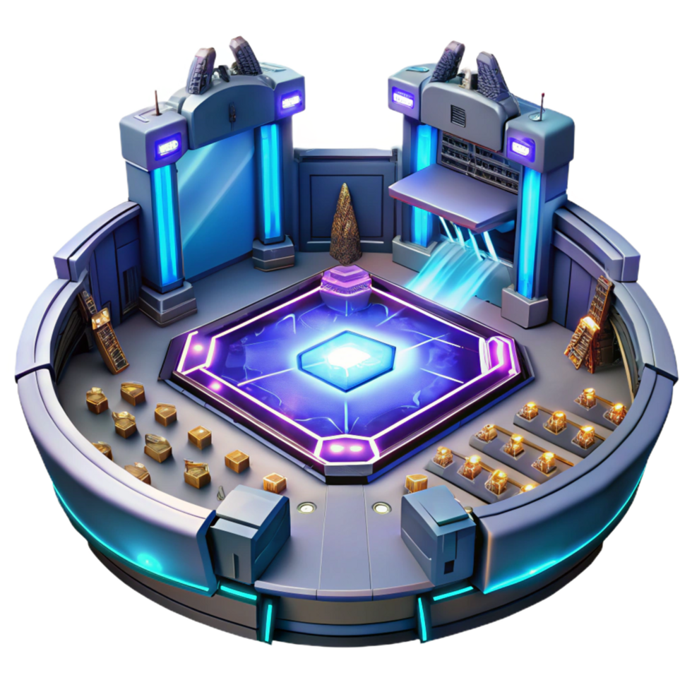 Futuristic Arena Cybernetic Battleground with Energy Core and Prize Chests png