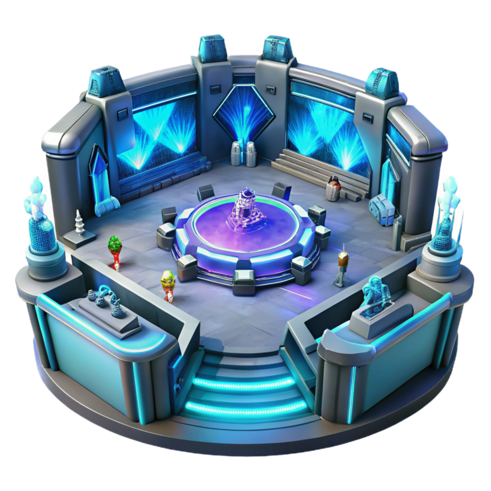 Futuristic Arena Cybernetic Center Stage with Illuminated Platforms and Crystalline Structures png