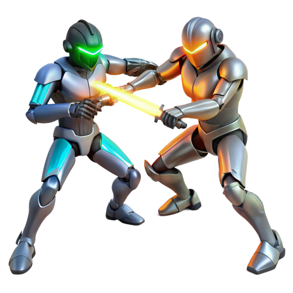 Cybernetic Combat Robots Dueling with Energy Weapon png
