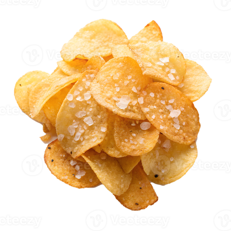 A pile of golden crispy potato chips scattered with sea salt. snack, appetizer, and indulgence png