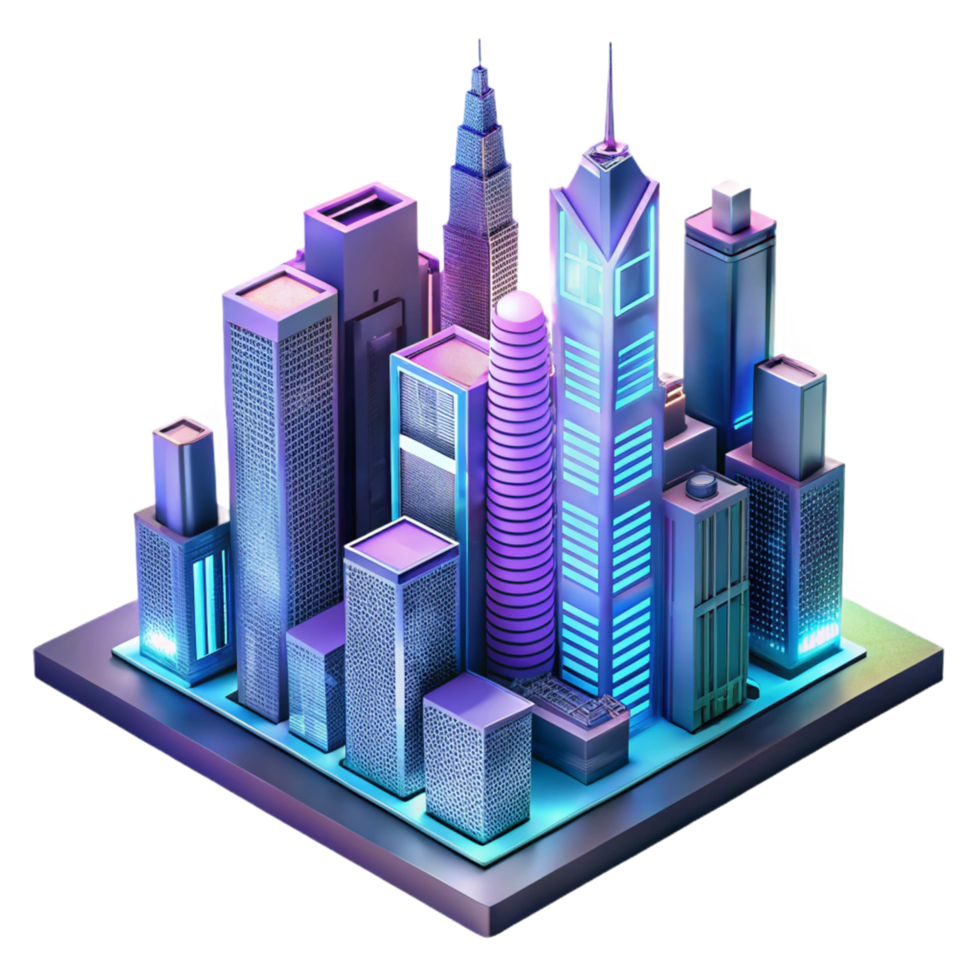 Neon Cityscape A 3D Isometric Model of a Futuristic Urban Environment png