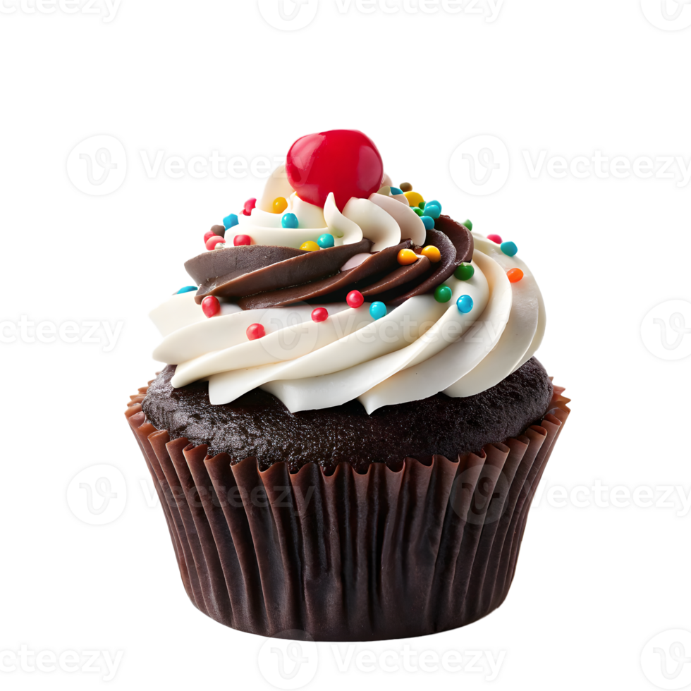 Chocolate cupcake topped with swirled frosting, colorful sprinkles, and a cherry. sweet desserts png