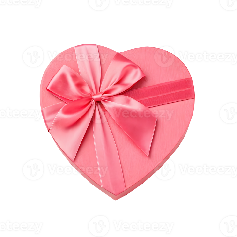 Heart-shaped pink gift box adorned with a glossy satin ribbon bow. Concept of love, celebration, and gifting png
